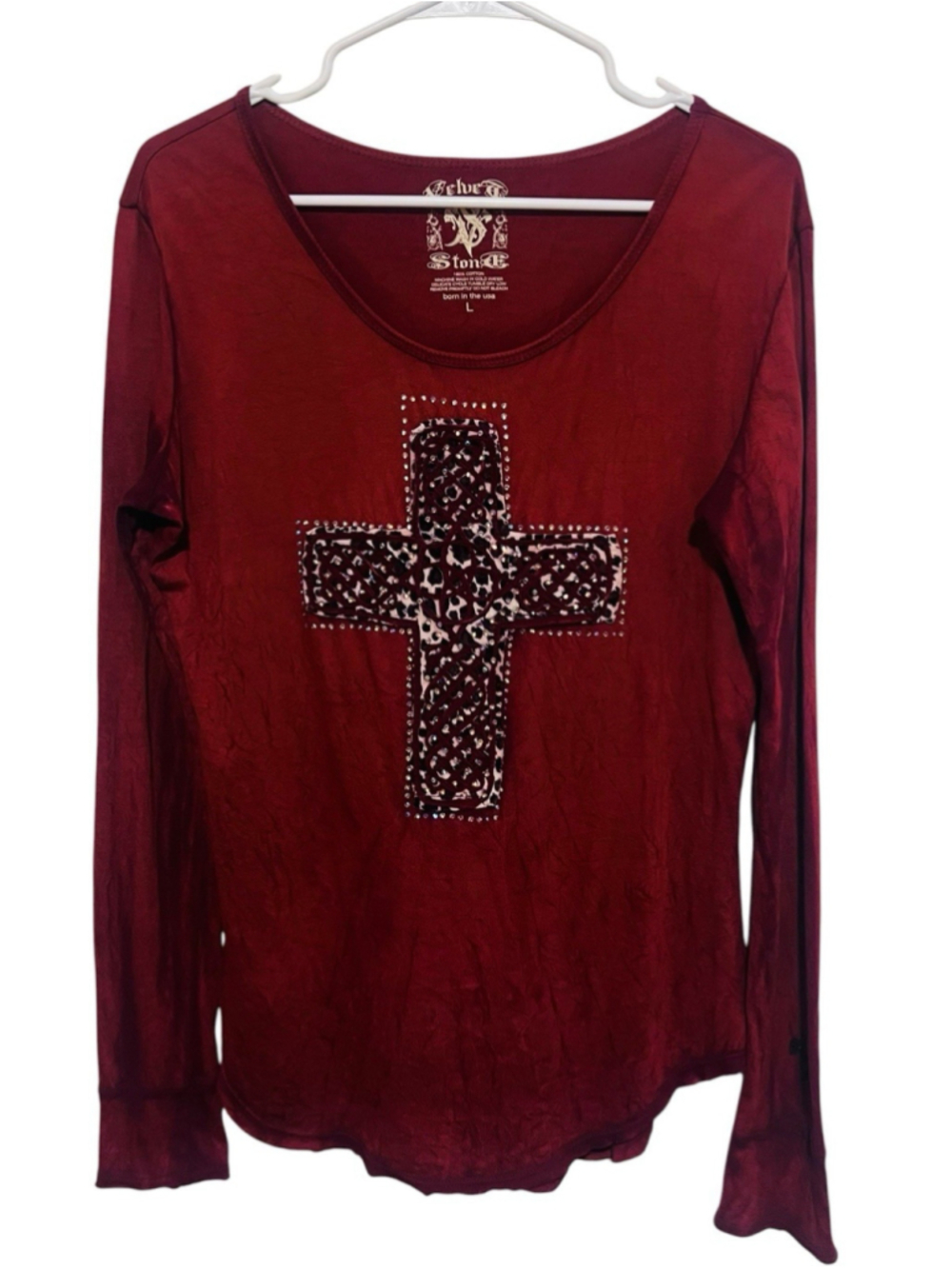 Velvet Stone Studded Leopard Cross Tee Women’s Large Rust Red Long Sleeve Top